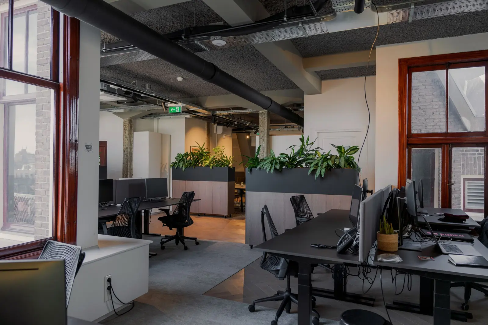 Modern office with ceiling lighting and workstations