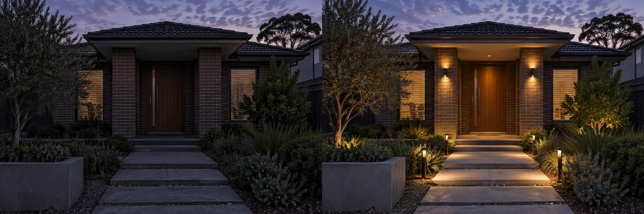 Illustrative house entrance at dusk without entry or path lighting